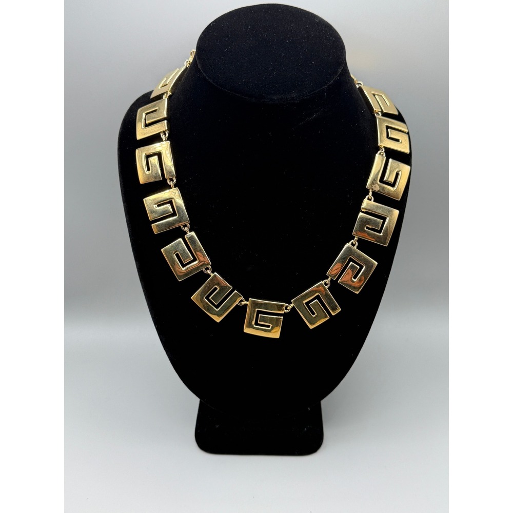 Vintage Givenchy Gold Tone Greek Key Link Necklace Signed Statement 1970's #1040